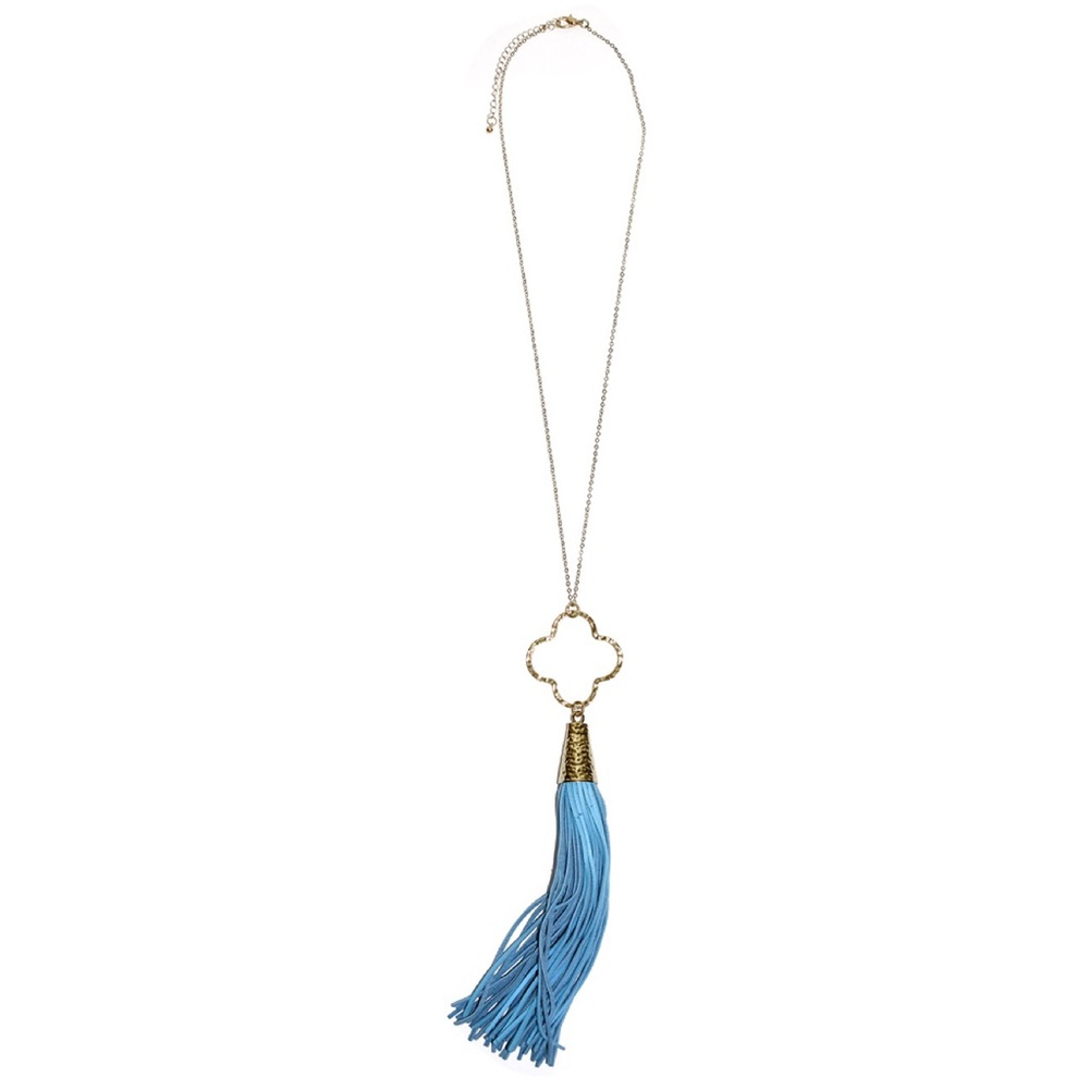 Turquoise Blue Spring Quatrefoil Tassel Necklace